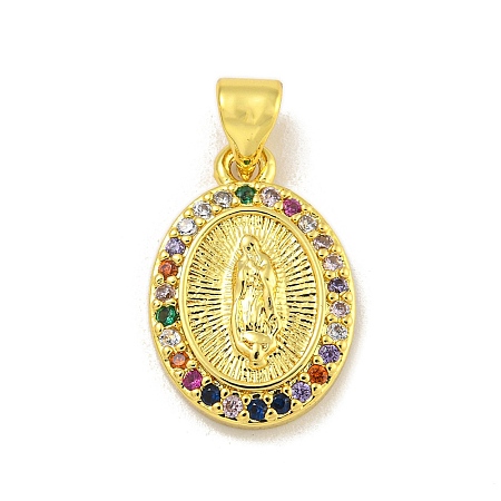 Virgin Mary Theme Rack Plating Brass Micro Pave Cubic Zirconia Pendants KK-C074-23G-01-1