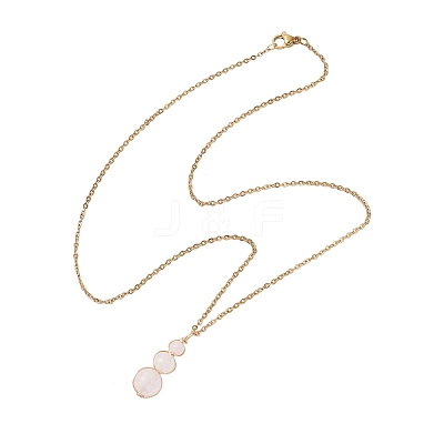 Natural Rose Quartz Round Beaded Gourd Shape Pendant 304 Stainless Steel Cable Chain Necklaces for Women NJEW-JN05656-01-1