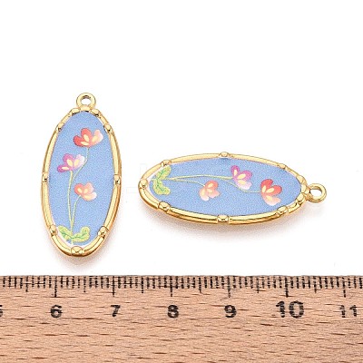 Printed Style 304 Stainless Steel Oval with Flower Pattern Pendants STAS-T071-27C-G-1