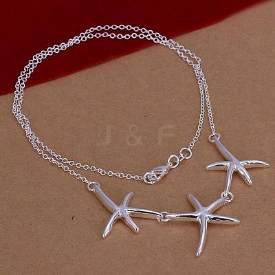 Popular Silver Color Plated Brass Three Starfish Pendant Necklaces For Women NJEW-BB12778-1