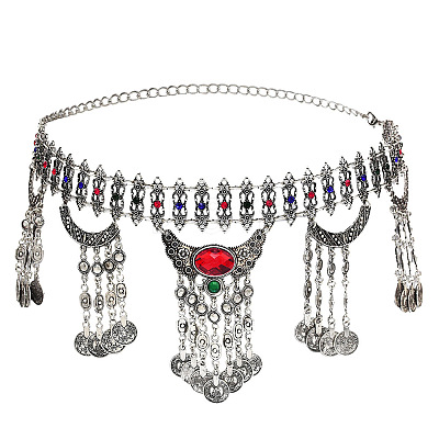 Bohemian Alloy Rhinestone Coin Tassel Waist Belly Chains for Women FS-WGB3289-01-1