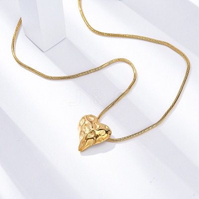 304 Stainless Steel Textured Heart Pendant Snake Chain Necklaces NJEW-U026-11G-1