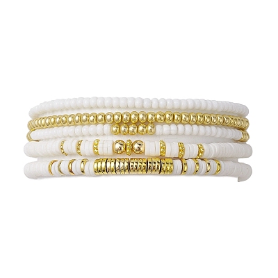 5Pcs 5 Style Polymer Clay Disc & Synthetic Hematite & Seed Beaded Stretch Bracelets Set BJEW-JB09685-01-1