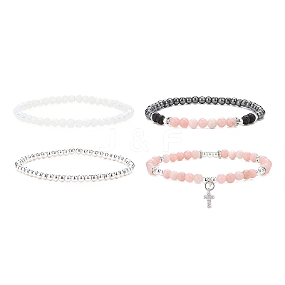 4Pcs 4 Style Natural & Synthetic Mixed Gemstone Round Beaded Stretch Bracelets Set BJEW-JB09082-1