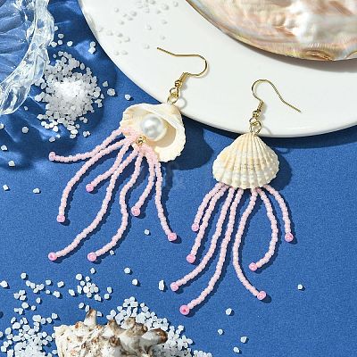 Natural Clam Shell Imitation Pearl Dangle Earrings EJEW-MZ00231-03-1