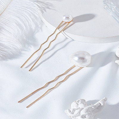 2Pcs 2 Styles Zinc Alloy and ABS Pearl Hairpin OHAR-LP0002-14-1