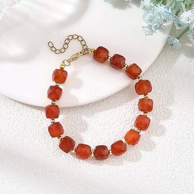 Faceted Cube Natural Carnelian and Brass Round Beaded Bracelets for Women BJEW-JB14444-1