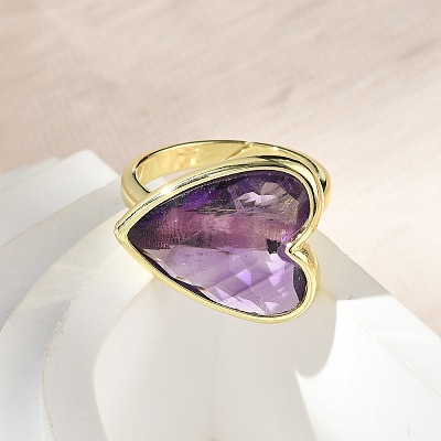 Heart Brass Natural Amethyst Finger Rings X-RJEW-D304-01G-A-1