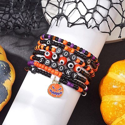 7Pcs 7 Styles Evil Eye & Word Glass & Lampwork Beaded Stretch Bracelet Sets BJEW-JB10447-1