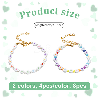 8Pcs 2 Colors Flat Round with Heart Acrylic Beads Bracelets for Women BJEW-HY0001-16-1