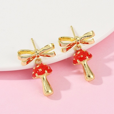 Mushroom with Bowknot Brass Enamel Dangle Stud Earrings EJEW-F895-25A-G-1