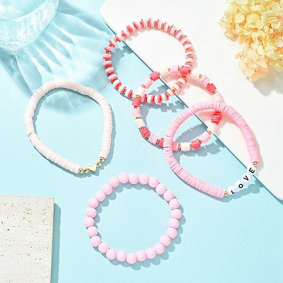 5Pcs 5 Style Word Love Acrylic & Brass Heart & Polymer Clay Disc Beaded Stretch Bracelets Set for Valentine's Day BJEW-TA00314-1