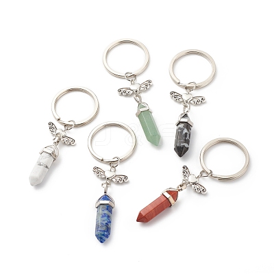 Bullet Natural Mixed Gemstone and Alloy Heart with Wing Keychains KEYC-JKC00361-1