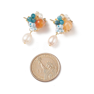 Natural Carnelian & Apatite Beaded Flower with Shell Pearl Dangle Stud Earrings EJEW-TA00163-1