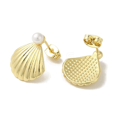 Rack Plating Brass & Round Glass Pearl Beach Shell Shaped Stud Earrings for Women EJEW-P280-28G-1