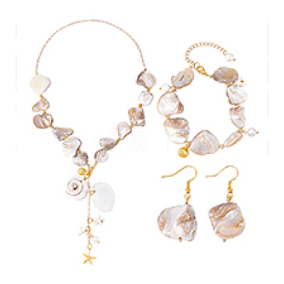 Natural Shell & Natural Cultured Freshwater Pearl Necklacrs & Dangle Earrings & Bracelets Set for Women SJEW-PH01393-01-1