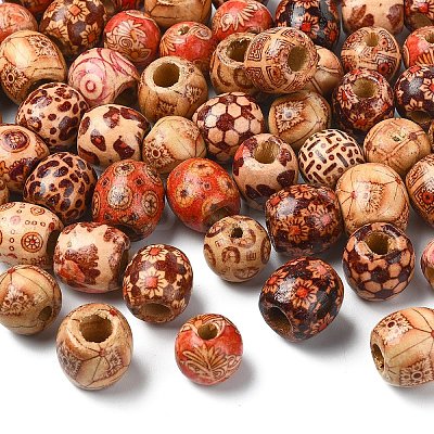 60Pcs 3 Styles Printed Natural Wood Beads WOOD-YW0001-31-1