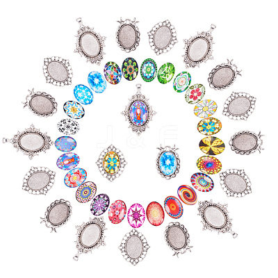 Tibetan Style Alloy Pendant Cabochon Settings and Mosaic Printed Glass Oval Cabochons TIBEP-PH0004-34AS-1