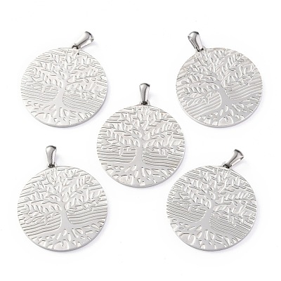 Non-Tarnish Flat Round with Tree of Life 304 Stainless Steel Pendants STAS-F016-02P-1
