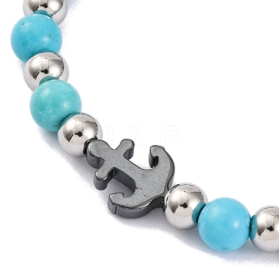 Synthetic Turquoise & Synthetic Magnetic Hematite Anchor Beaded Bracelet BJEW-P339-01P-05-1