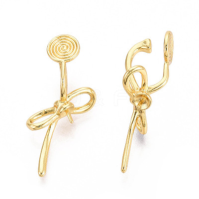 Bowknot Brass Clip-on Earring Findings for Half Drilled Beads KK-T071-10G-1
