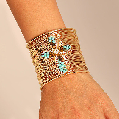 Alloy & Synthetic Turquoise & Natural Tiger Eye Beads Cuff Bangles FS-WGA88C7-01-1