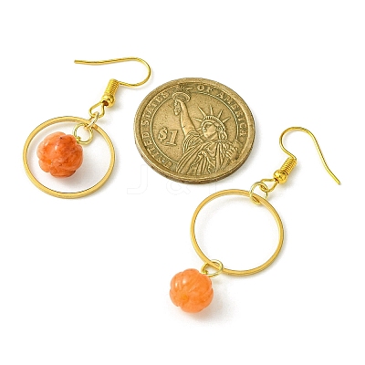 Natural Red Aventurine Pumpkin with Ring Dangle Earrings EJEW-JE05509-01-1