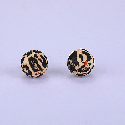 Printed Round with Leopard Print Pattern Silicone Focal Beads SI-JX0056A-08-1