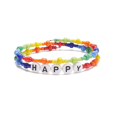 Colorful Acrylic Word & Glass Seed Beaded Wrap Bangle BJEW-JB08561-1