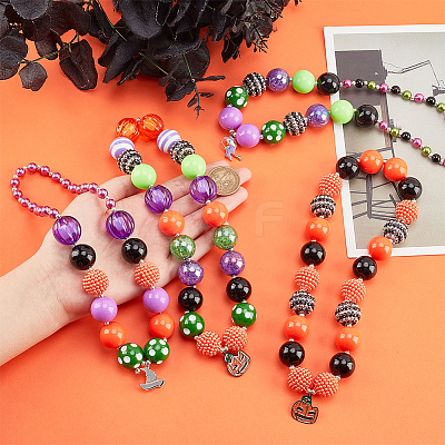 4Pcs 4 Styles Halloween Theme ABS Plastic Imitation Pearl & Acrylic & Resin Beaded Necklaces Set NJEW-AB00008-1