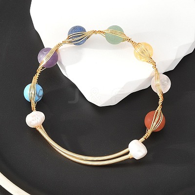 Round Mixed Gemstone Braided Bangle with Natural Pearl BJEW-JB08000-1