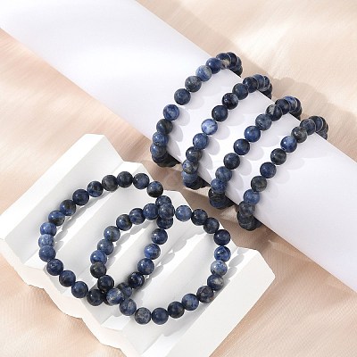 Natural Sodalite Round Beaded Stretch Bracelets BJEW-F203-05-1