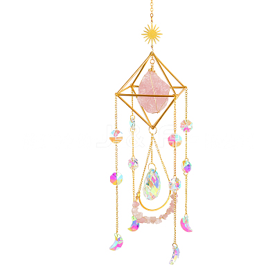 Geometric Natural Raw Rose Quartz Suncatchers DJEW-PW0007-01D-1