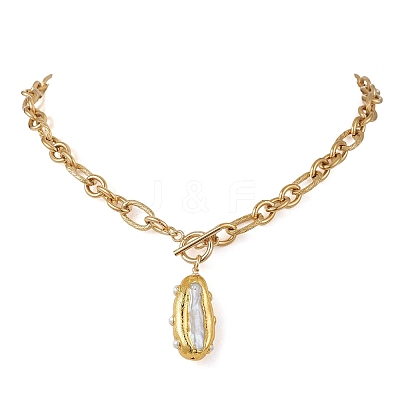 Electroplated Baroque Natural Keshi Pearl Oval Pendant 304 Stainless Steel Figaro Chain Necklaces with OT Clasps for Women NJEW-JN06296-1