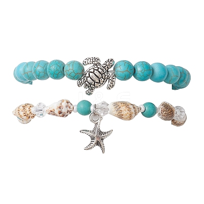 2Pcs 2 Style Synthetic Turquoise & Glass & Shell Stretch Bracelets with Tortoise BJEW-JB10091-02-1