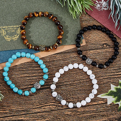 4Pcs 4 Styles Natural & Synthetic Mixed Gemstone & Glass & Alloy Owl Beaded Stretch Bracelets Set for Women BJEW-FI0001-04-1