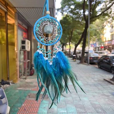 Synthetic Turquoise Woven Web/Net with Feather Pendant Decorations PW-WG69741-12-1