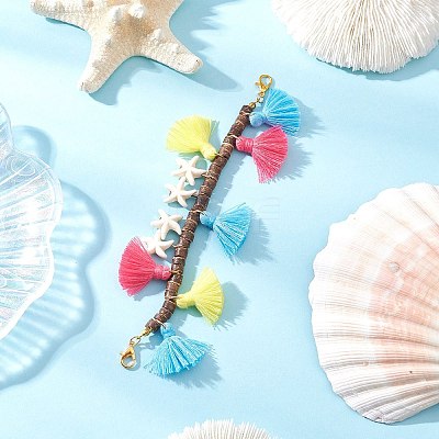 Natural Coconut & Polycotton Tassel & Synthetic Turquoise Pendant Decorations HJEW-JM03669-02-1
