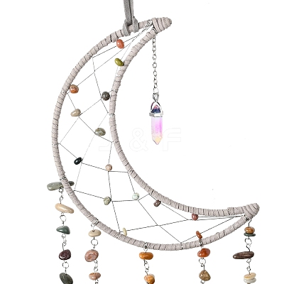 Mixed Gemstone Chips Beaded Moon Hanging Sun Catchers HJEW-M004-01-1