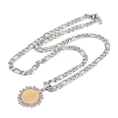 Flat Round with Virgin Pattern 201 Stainless Steel Pendant Necklaces for Men Women NJEW-K283-20G-1