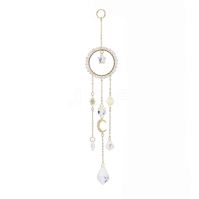Natural Rose Quartz Woven Net/Web with Feather Window Hanging Suncatchers HJEW-JM00852-01-1