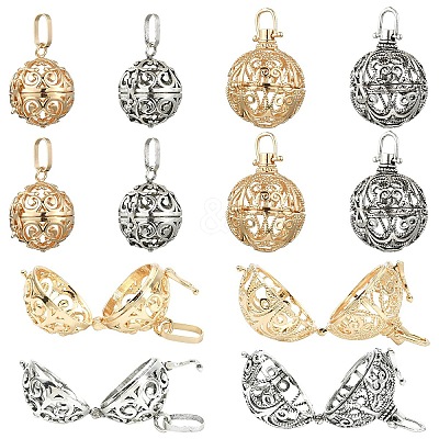 8Pcs 4 Styles Brass Hollow Round Cage Pendants KK-YW0004-37-1