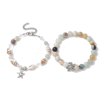 2Pcs 2 Style Natural Amazonite & Glass & Shell Stretch Bracelets with Tortoise BJEW-JB10091-01-1