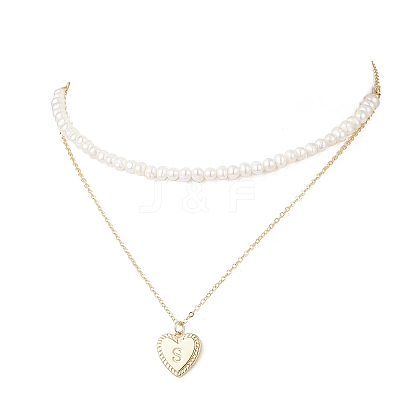 Natural Cultured Freshwater Pearl Potato Beaded Brass Heart with Letter Pendant Double Layer Necklaces NJEW-JN05392-03-1