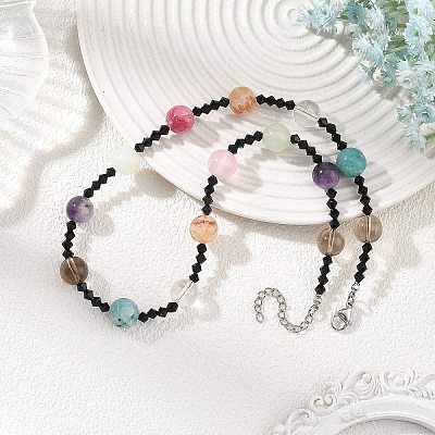 Round Natural Mixed Stone and Black Bicone Glass Beaded Necklaces for Women NJEW-TA00272-1