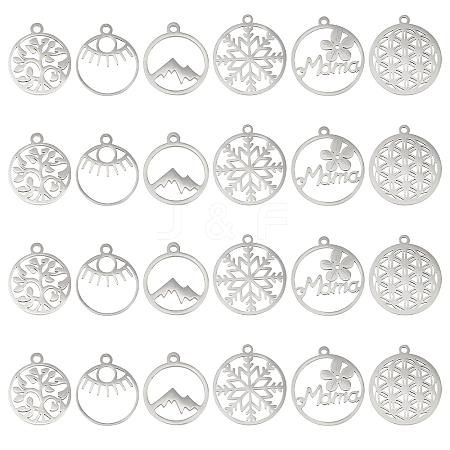 DICOSMETIC 24Pcs 6 Style 201 Stainless Steel Laser Cut Pendants STAS-DC0005-68-1