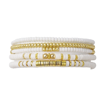 5Pcs 5 Style Polymer Clay Disc & Synthetic Hematite & Seed Beaded Stretch Bracelets Set BJEW-JB09685-01-1