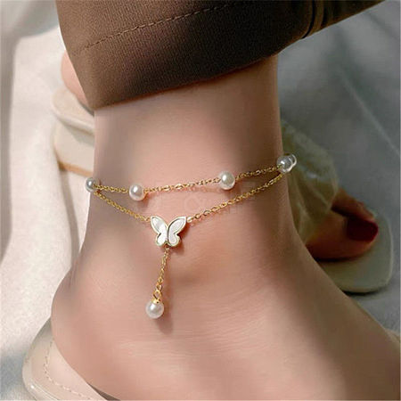 Titanium Steel & Plastic Pearl Charm Double Layer Anklets for Women WG18C2B-17-1