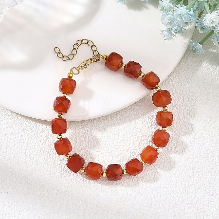 Faceted Cube Natural Carnelian and Brass Round Beaded Bracelets for Women BJEW-JB14444-1