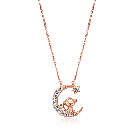 Chinese Zodiac Necklace Monkey Necklace 925 Sterling Silver Rose Gold Monkey on the Moon Pendant Charm Necklace Zircon Moon and Star Necklace Cute Animal Jewelry Gifts for Women JN1090I-1
